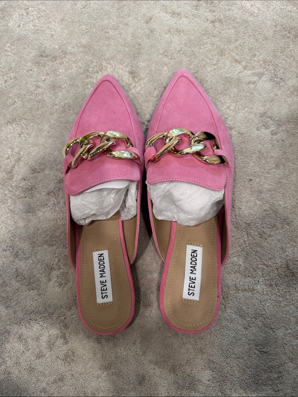 Steve Madden Pink Suede Pointed-Toe Mules with Gold Chain
